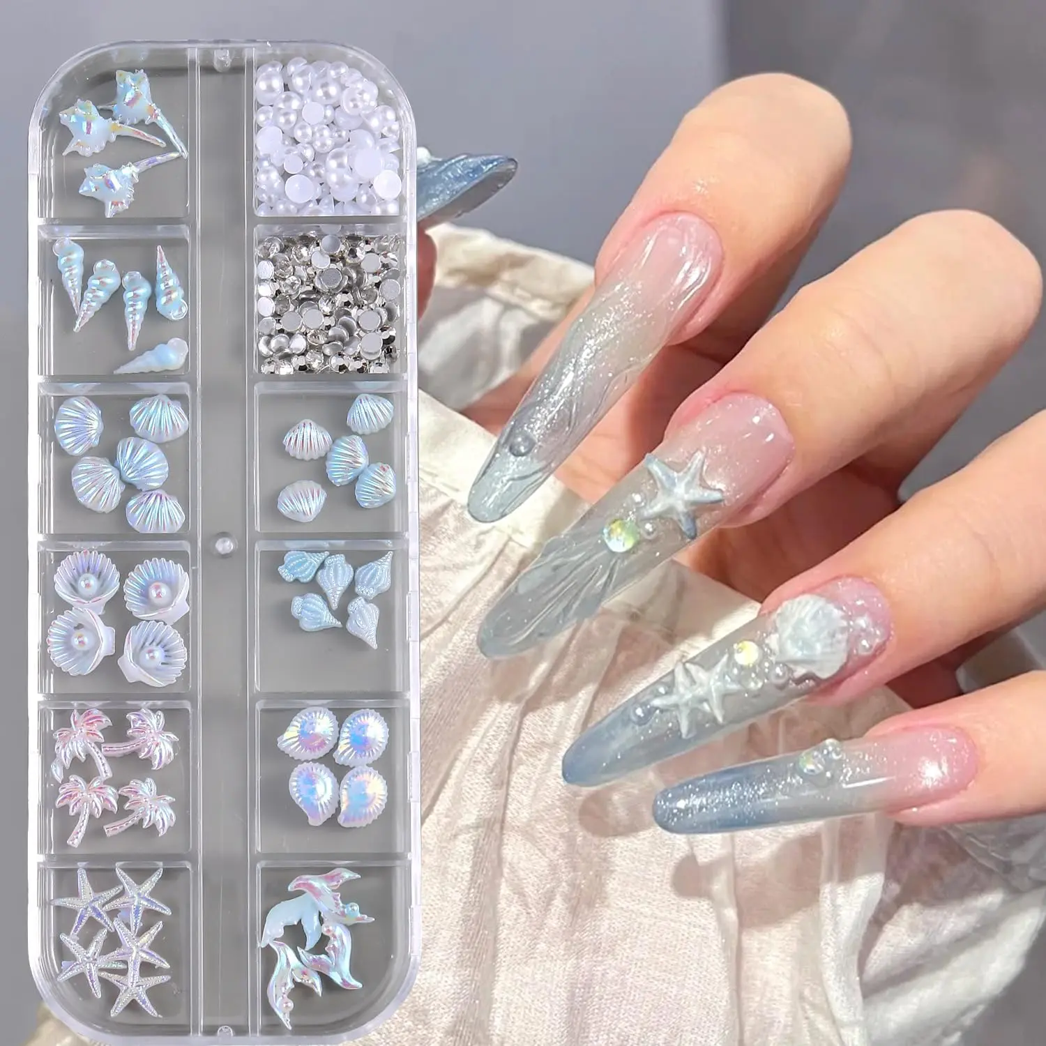 3D Summer Beach Resin Nail Charms, Including Accessories, Aurora Shell Starfish Conch Fishtail Nail Decorations with Flatback Pearls and Rhinestones Gems for Nail Art DIY Crafts Manicure Jewel Accessories
