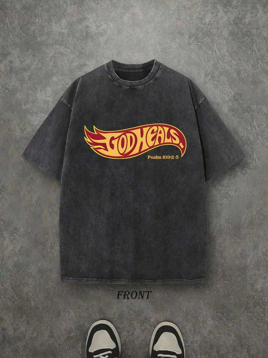 Unisex Christian "God Heals" T-Shirt - 230g Heavyweight Pure Cotton, Vintage Retro Washed Single-Sided Print, Comfortable Street Style Fall Shirt, Christian Scripture Gift Valentine's Day Valentine's Day gift hooded sweatshirt round-neck sweatshirt