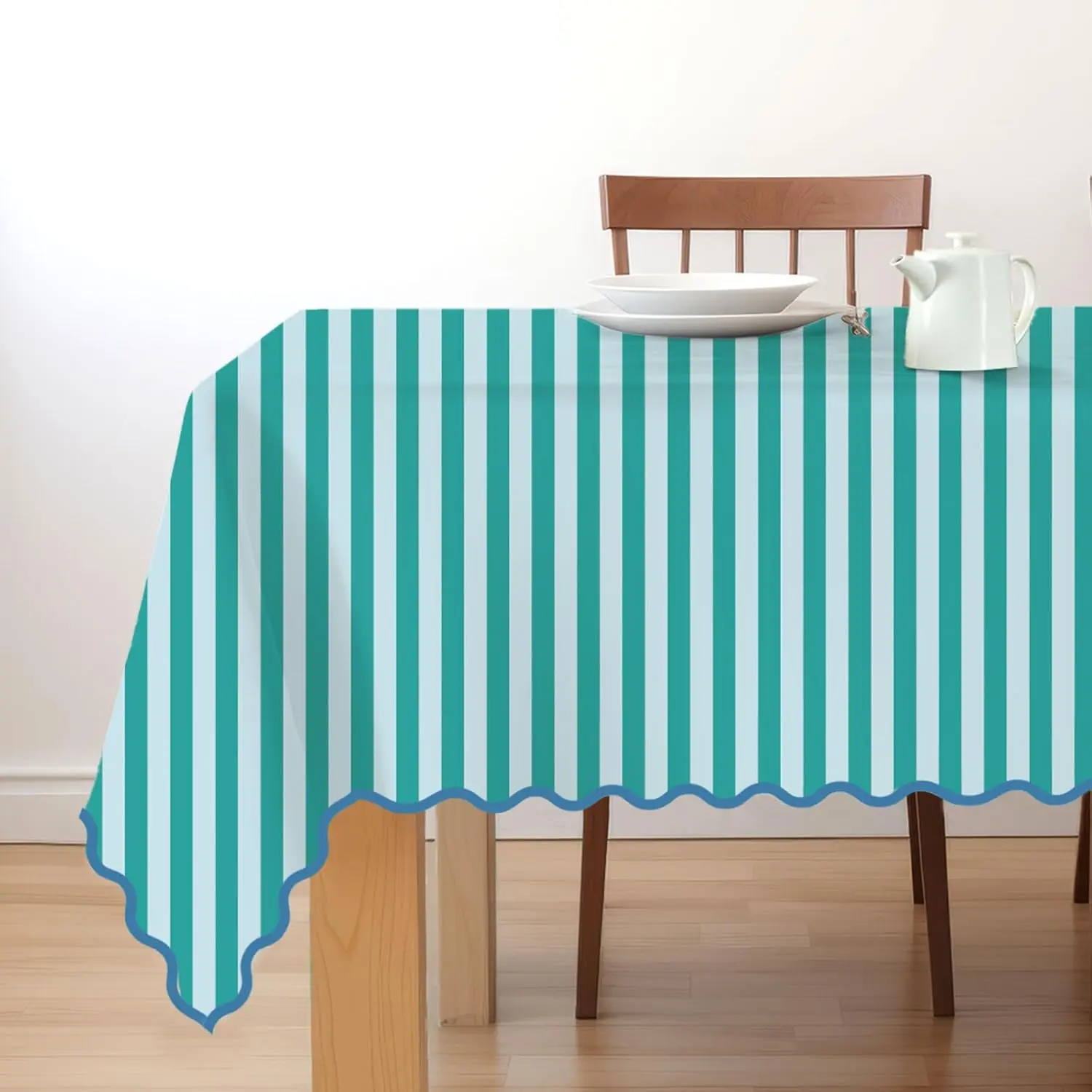 Whaline Striped Tablecloth, Blue Green Scalloped, 55 x 70 Inch| Waterproof, Rectangle, Fabric Table Cover, Home Kitchen Table Decoration, One-Piece