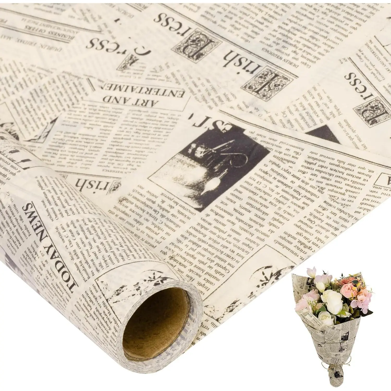 Vintage Newspaper Tissue Paper Roll | 17"x33', Beige Black Old News Print Wrapping Tissue Paper for Gift Bags, Gift Wrap, Flower Packaging, Craft Projects, Wedding, Birthday, Holiday Decor