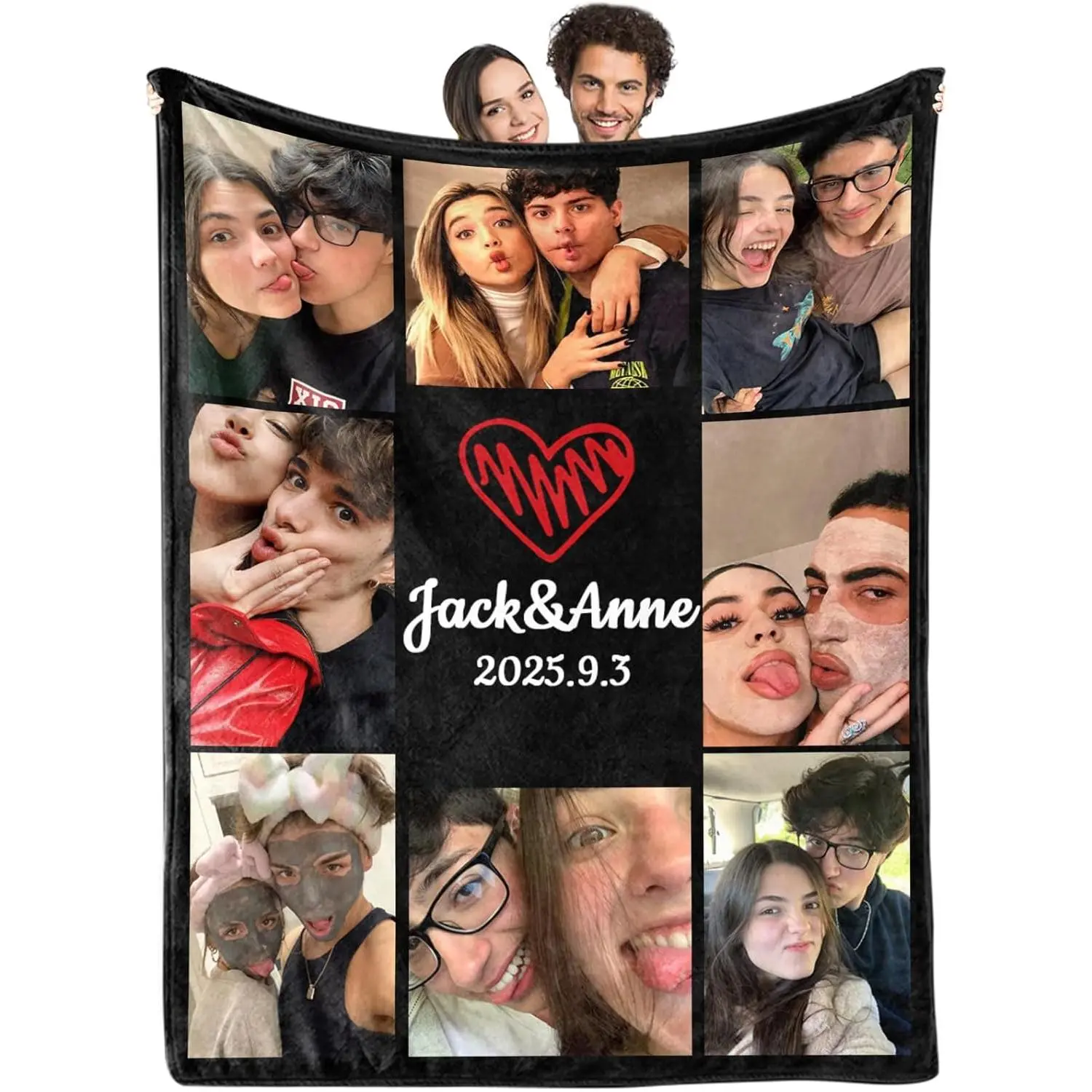 Personalized 8 Picture Couple Heartbeat Flannel Throw Blanket, Custom Name Date Love Photo Soft Cover, Cozy Warm Romantic Gift for Girlfriend Boyfriend Her Him, Valentine Anniversary Home Decor for Couch Sofa Bed, Summer AC Nap Blanket, Memory