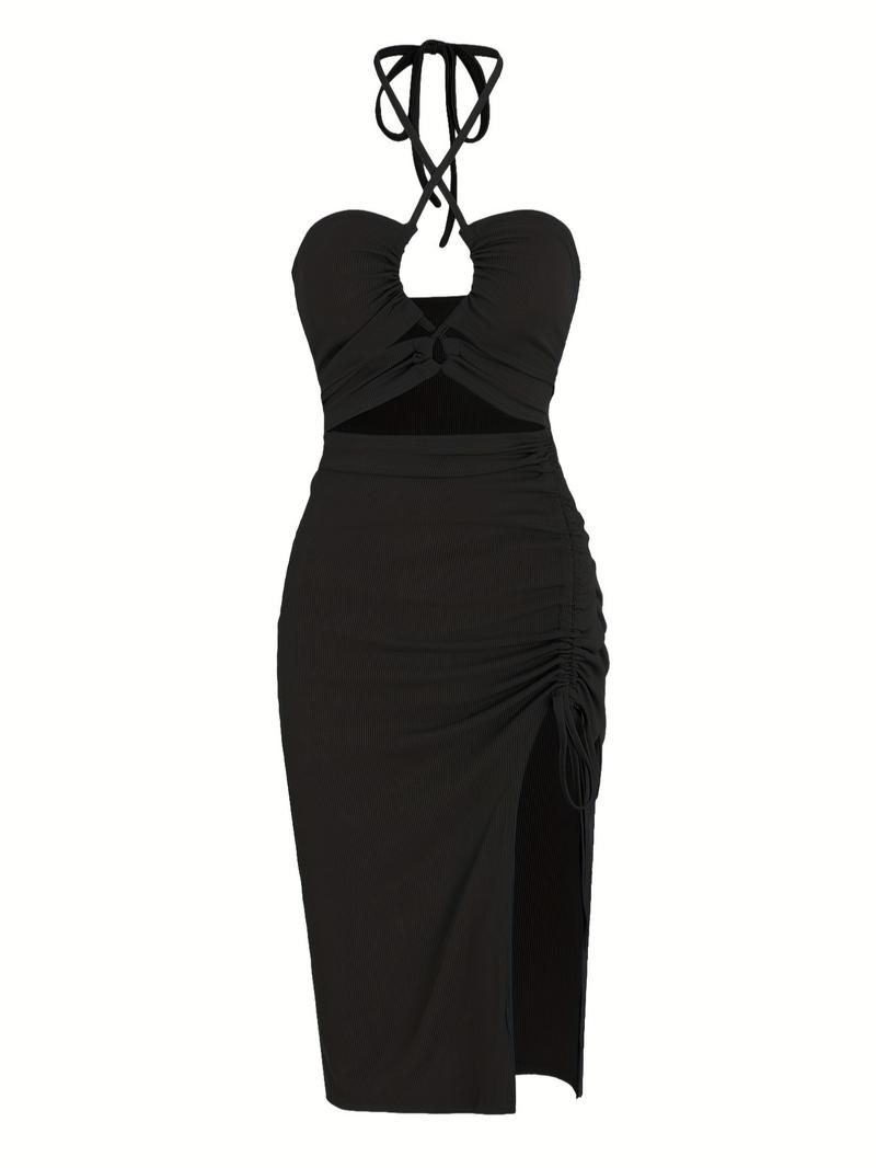 Women's Plain Criss Cross Backless Split Thigh Drawstring Bodycon Dress, Solid Sleeveless Cut Out Tie Back Halter Midi Dress for Party Club Dating Wear, Ladies Summer Clothes Bodycon