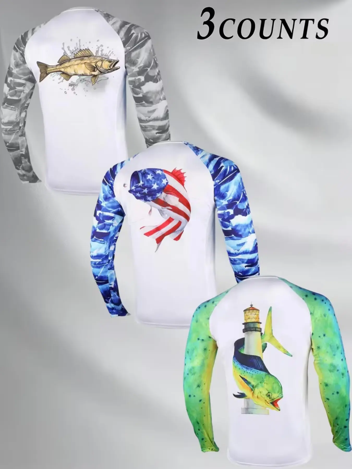 3pcs Men's Sea Fish Print Sun Protection Sports Long Sleeve T-Shirts Set, Outdoor Fishing Style Breathable Top, Casual All-Season Clothing