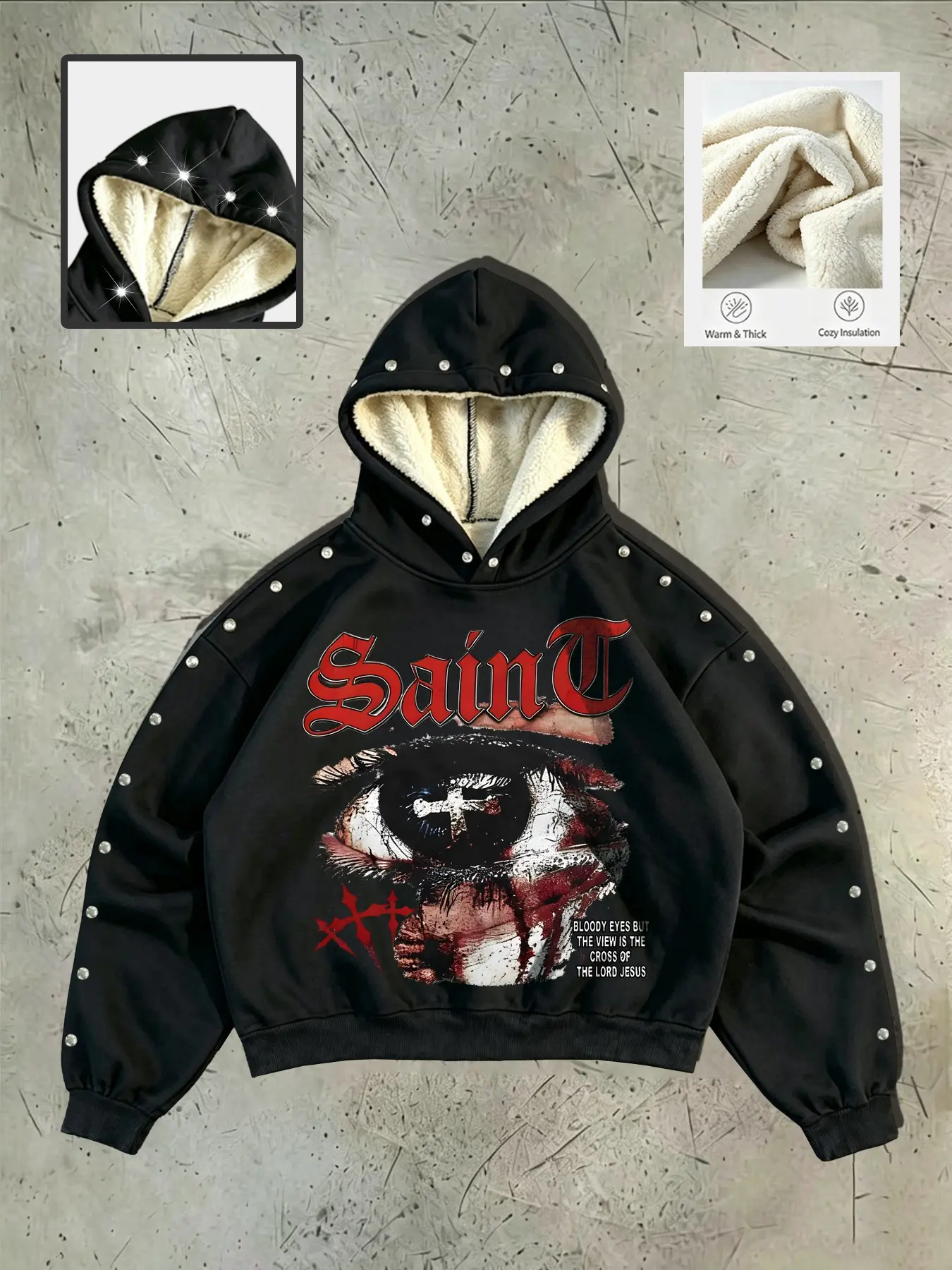 Men's Punk Style Hoodie, Super Warm Fleece Lining, Blood Eye Cross Pattern, Rivet Design, Loose Fit, Ideal for Hip Hop Parties and Cold Weather