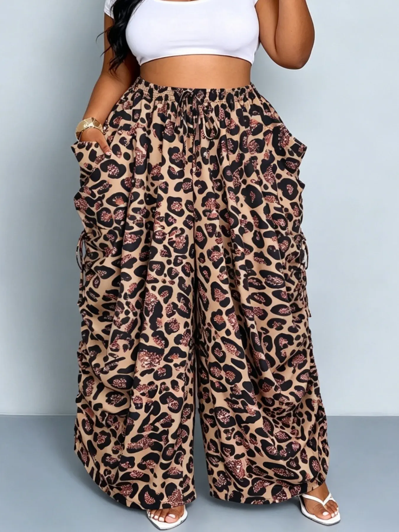 1pc Street Style Low Waist Casual Pants, Drawstring Wide Leg Trousers, Summer Versatile Leopard Print High Waist Elegant Long Pants For Women