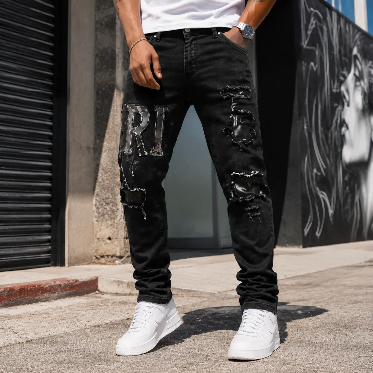 Men’s Black Distressed Ripped Jeans with Letter Embroidery | Slim Fit Streetwear Denim Pants | Y2K Hip Hop Fashion Jeans