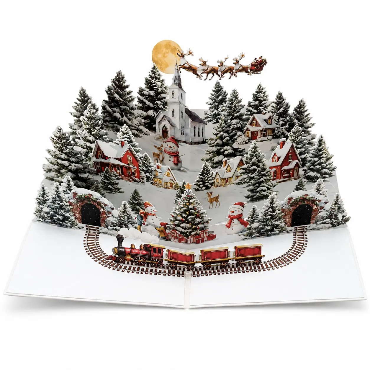 3D Pop-Up Christmas Card, Night Before Christmas Snowy Village Scene with Santa Sleigh & Reindeer, Moonlit Winter Town Xmas Greeting Card, Viral Festive Keepsake Gift for Family Friends