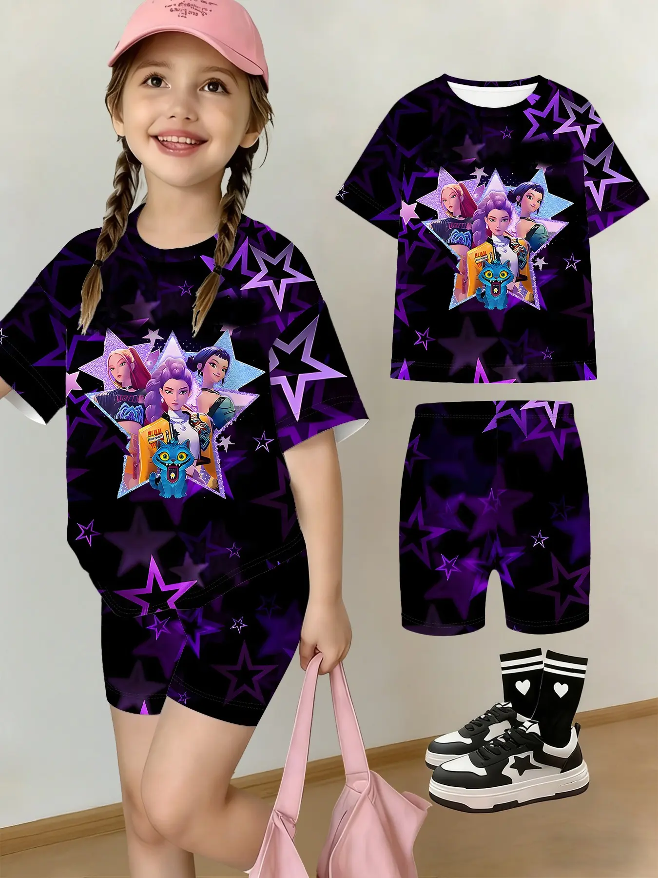 Girls' Summer T-Shirt and Shorts Set, Base Star Blue Cat Print, Casual Streetwear, Perfect Gift for Kids, Outdoor Wear