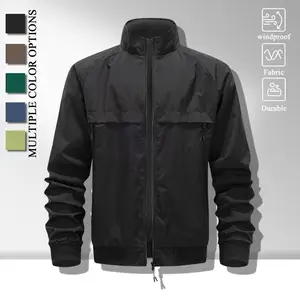 Men Stand Collar Windproof Bomber Jacket, Raglan Sleeve Full Zip Wind Coat, Zipper Side Pockets & Ribbed Elastic Cuffs, Durable Smooth Shell Fabric Loose Outerwear for Daily Commute Street Outfits, Multiple Solid Color Options