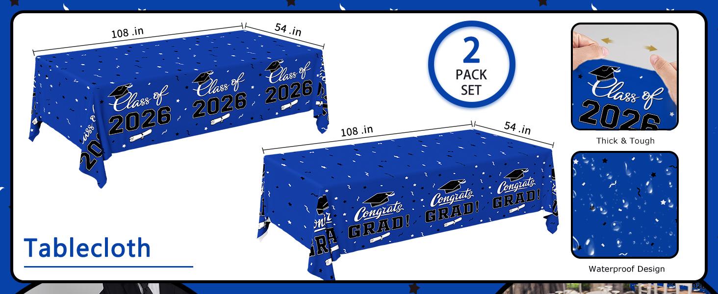2026 Graduation Decorations : 2-Pack Congrats Grad Disposable Tablecovers - Class of 2026 Blue Themed Table Cloths, for Graduation Party Supplies & Graduation Backdrop, 54" X 108"