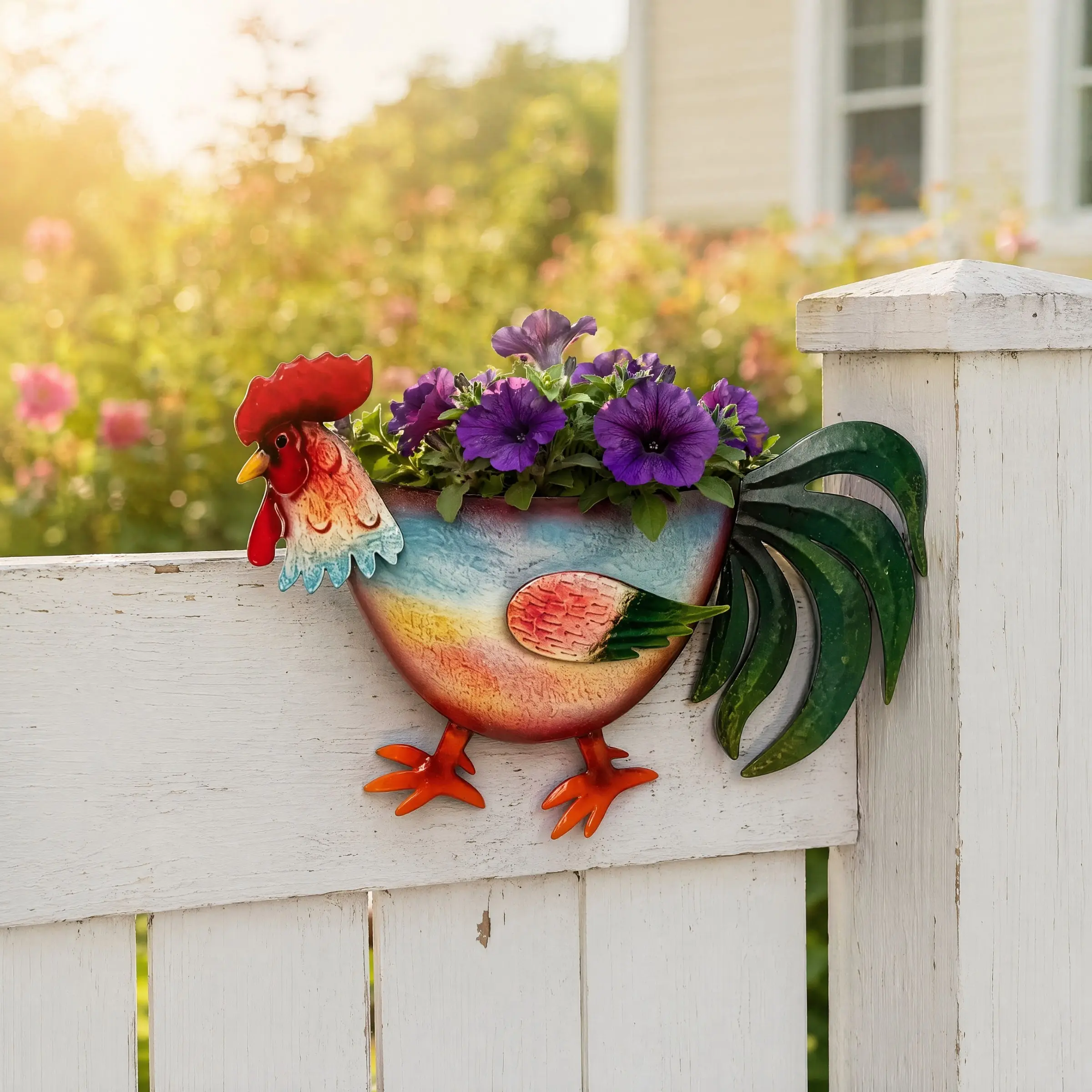 Metal Rooster Wall Planter, Metal Wall Planters, Colorful Hand Painted Iron Hanging Flower Pot, Farmhouse Style for Outdoor Decor, Unique Gift for Plant Lovers