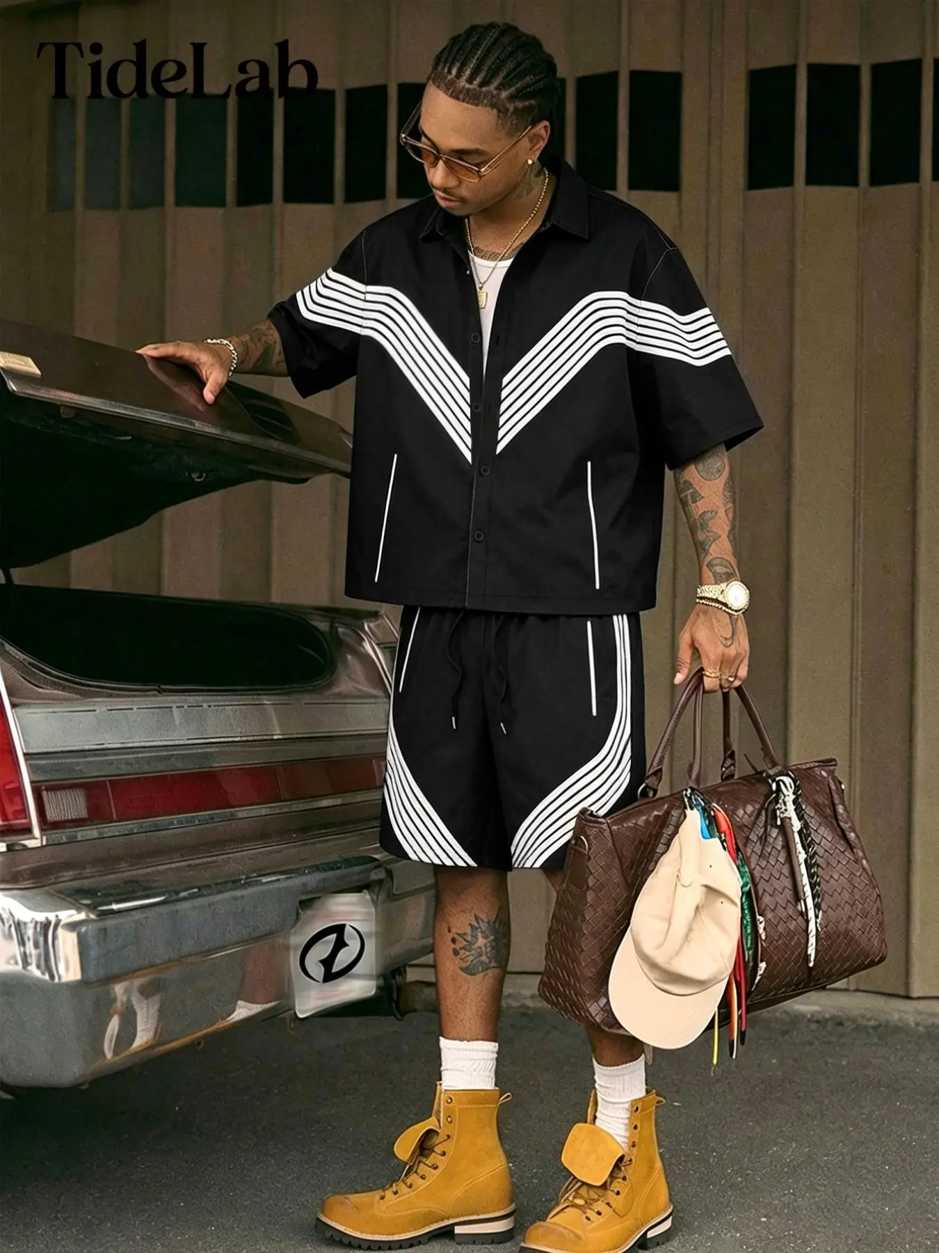2-Piece Unisex Set, American Style Striped Short Sleeve Shirt + Loose-Fit Drawstring Shorts, Casual Clothing, Plain Surface Design, Shorts Set Outfit