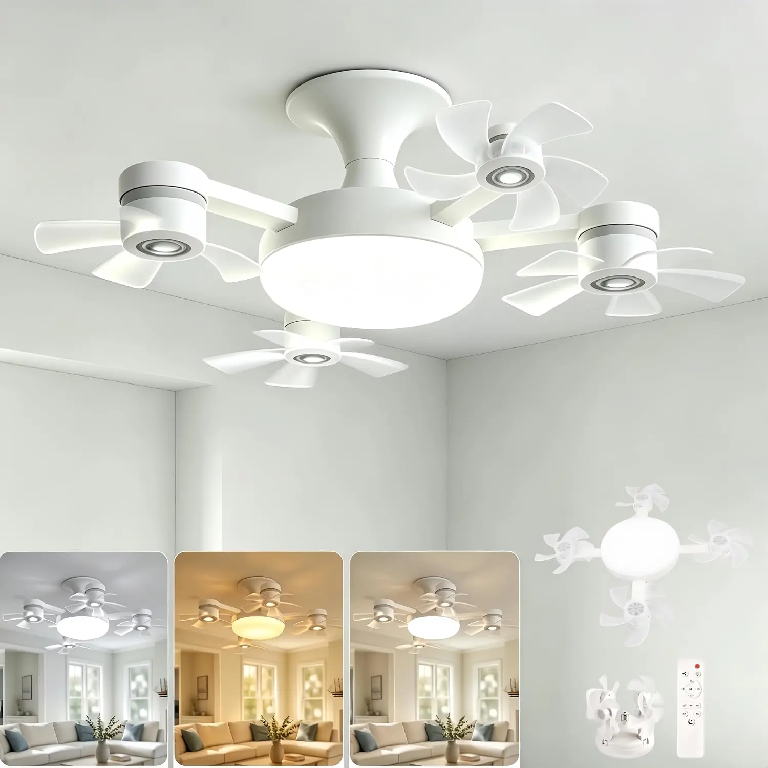Socket Fan Light with Remote, E26/E27 Drone Socket Ceiling Fan Light, No Drill Removable Light Bulb Fan, 3-Color Quiet Ceiling Fans with Lights for Apartmen Bedroom Office Dorm