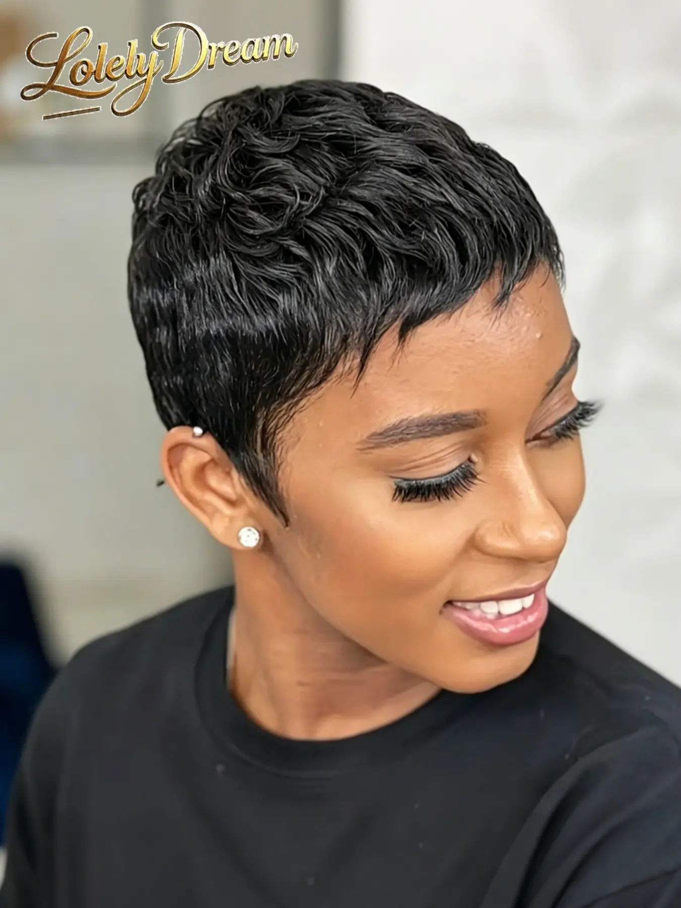 Lolely Dream Short Pixie Cut Wig for Women 150% Density Virgin Human Hair Full Machine Made Short Layered Wigs with Bangs for Daily Wear Pixie Cut Straight Style Perfect for Summer 1B Color Real Hair Wigs