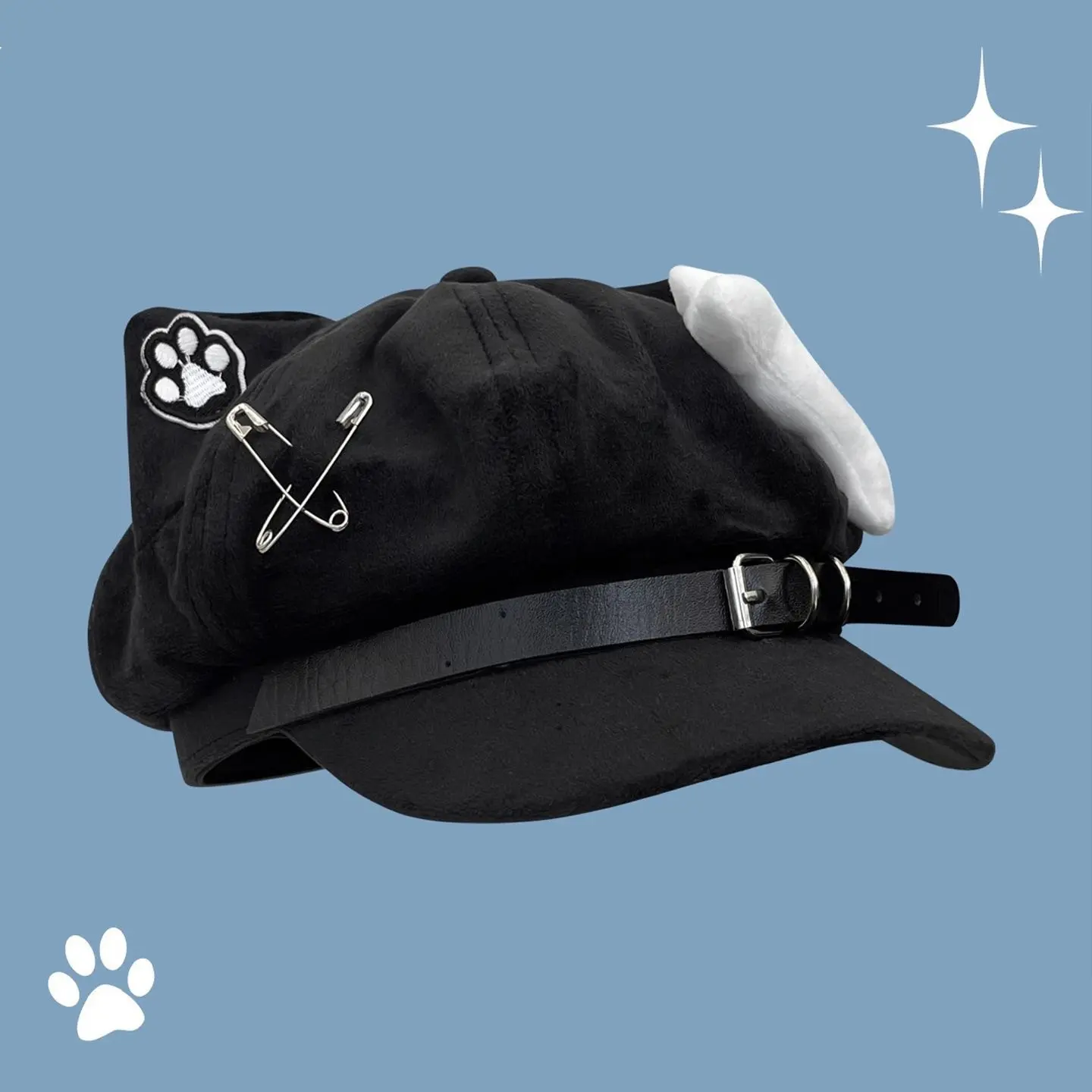 Women's Cute Cat Ear Beret Hat - Y2K Rivet Decor Painter Cap with Adjustable Strap, Kawaii Gothic Fashion Accessory for Daily Cosplay