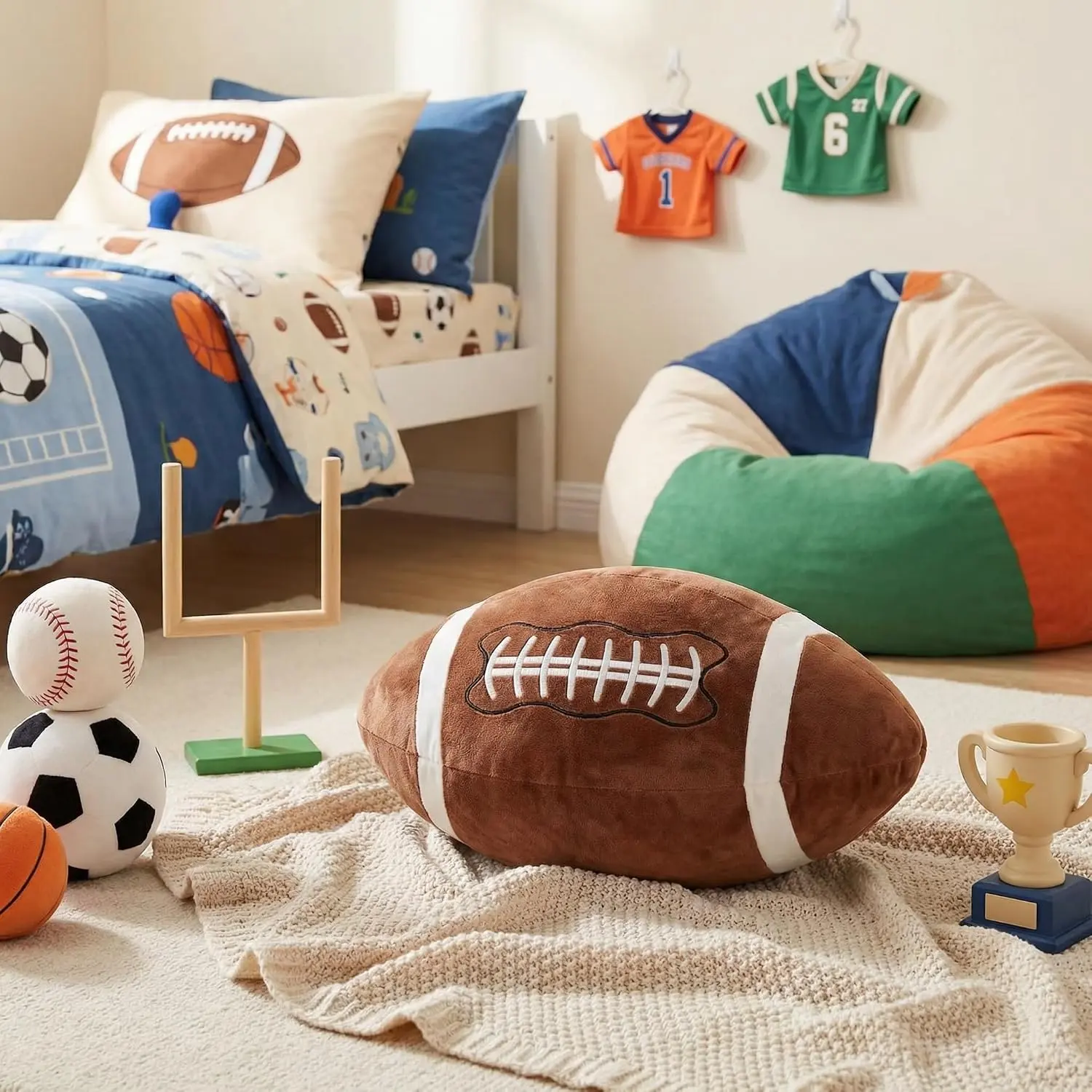 Cute Football Throw Pillow 20"x12" Soft Plush Football Cushion, 3D Stuffed Sports Ball Decor for Boys Room, Bedroom, Couch, Football Fan Gift