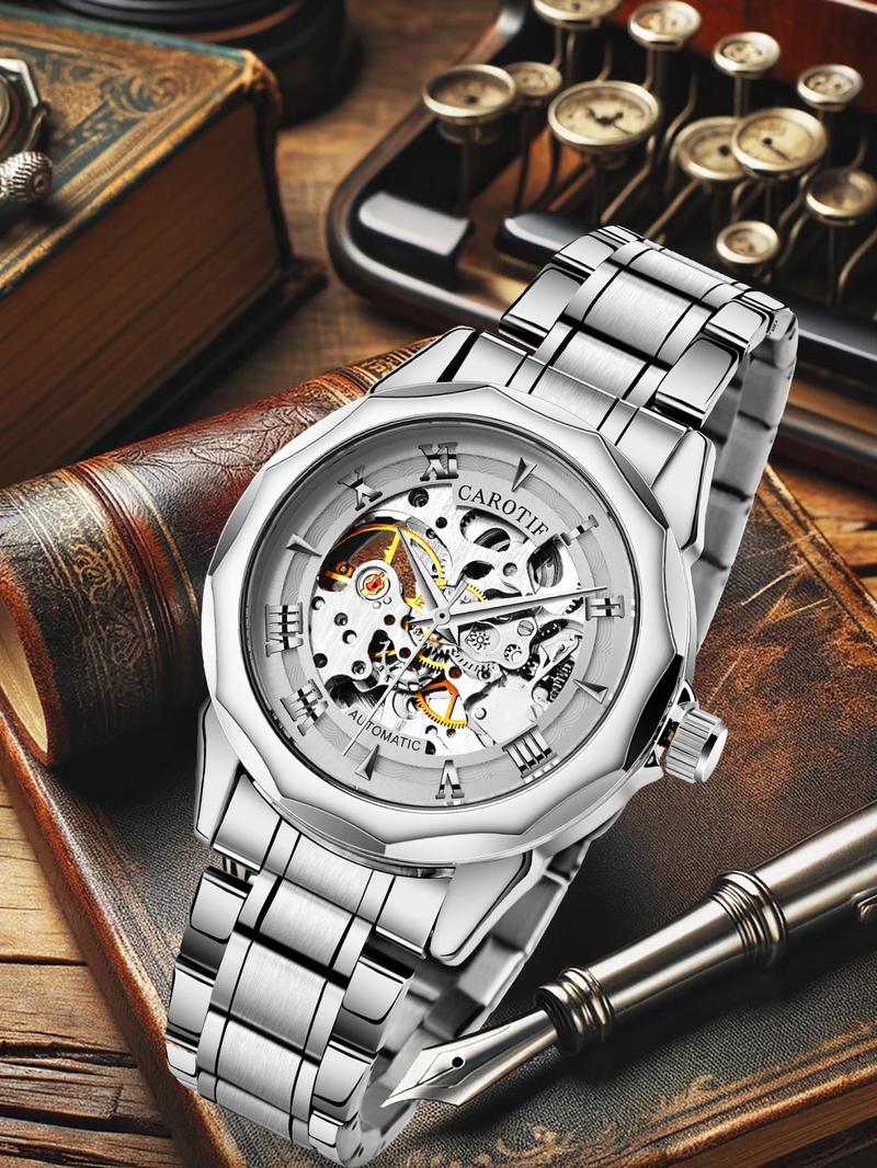 Men's Business Fashion Stainless Steel Mechanical Watch, Business Automatic Wristwatch, Casual Analog-digital Multi-function Wristwatch for Men, Perfect Birthday Gift for Men, with Box