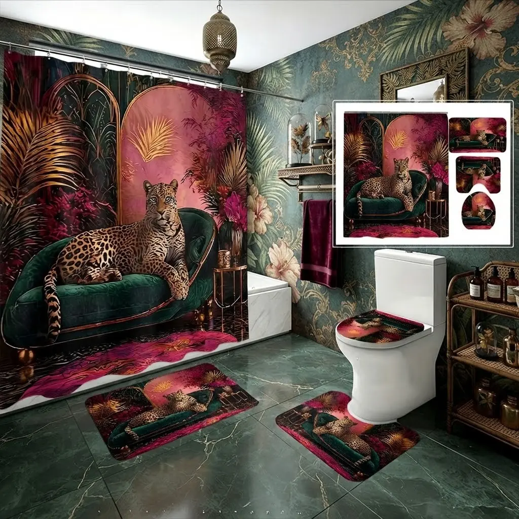 4pcs Luxury vintage leopard print bathroom decorative shower curtain sets, elegant animal print bathroom decor, retro tropical plant design, thicker and softer bath mat fabric! Festive charm home accents