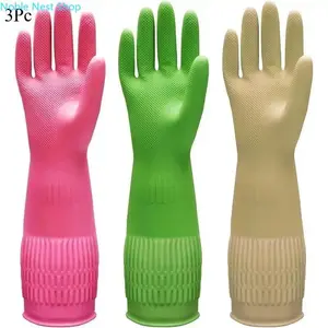 1/3-Pair Heavy-Duty 15in Rubber Dishwashing Gloves, Flexible Thin Non-Slip Textured Waterproof Gloves, Comfort Household Supply for Daily Kitchen and Bathroom Cleaning Tasks