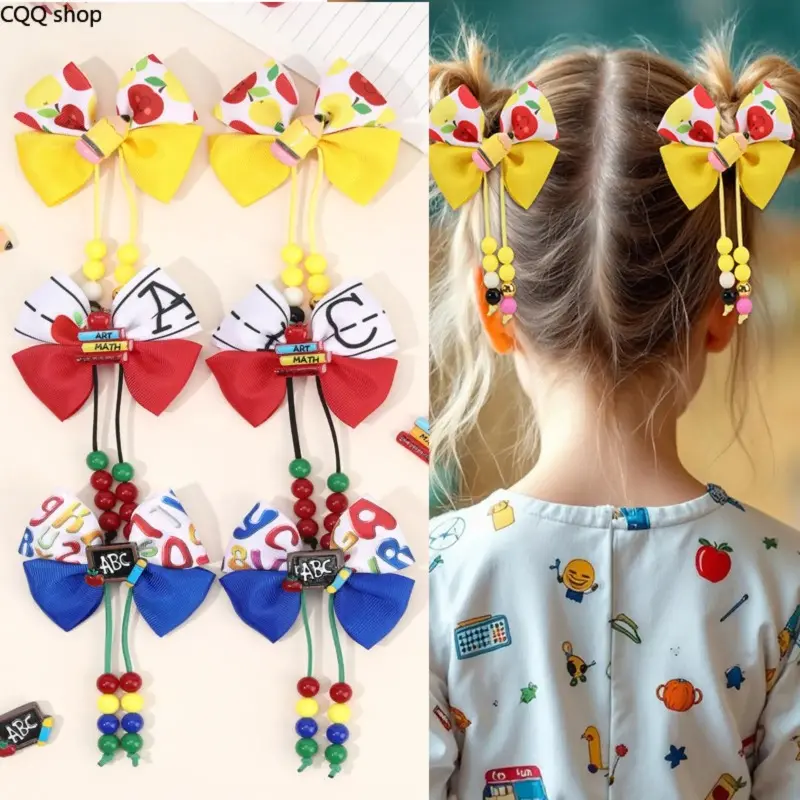 2 PCS Blackboard ABC Print Bow Tassel Hair Clips, Princess Barrettes, Decorative Hair Accessories for Campus Daily Styling