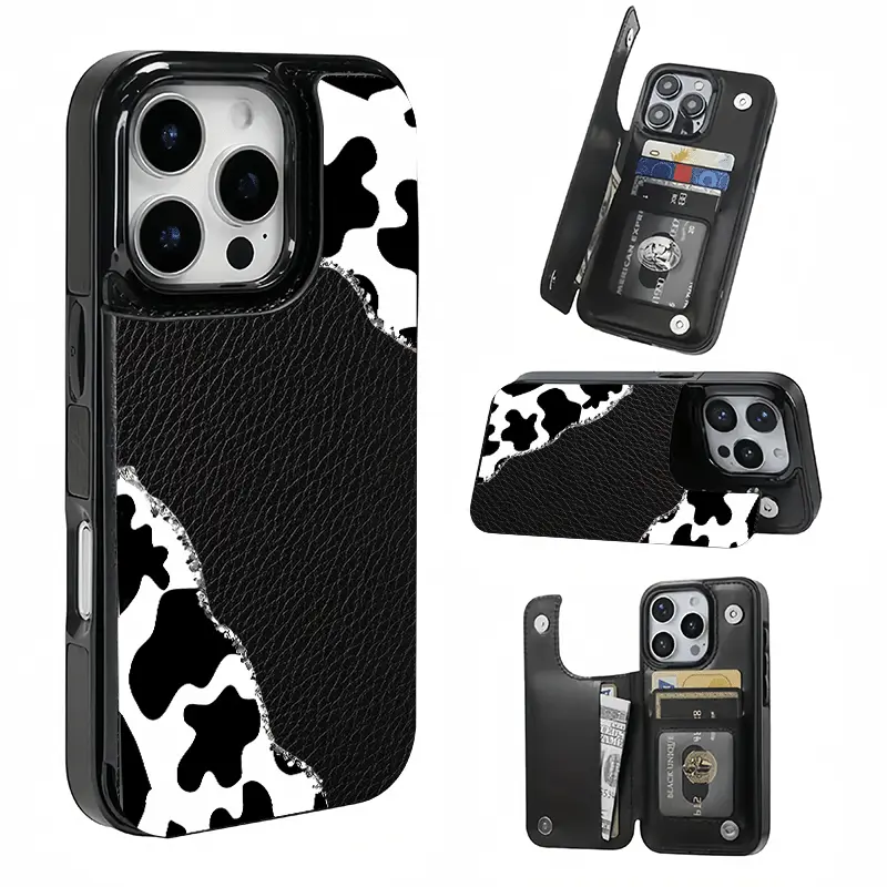 TPU Phone Case with Foil Cowhide Print, Hollow Border Texture, Patterned Design & Card Slot for iPhone 17-12 (Holds Payment & Transit Cards)
