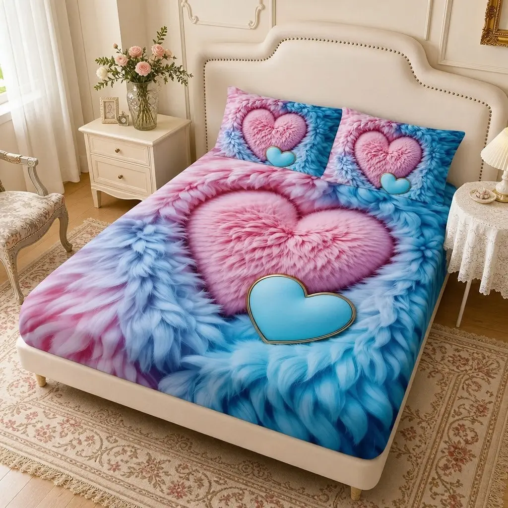 3pcs Heart Fleece Bedding Set (1 Sheet + 2 Pillowcases), Cute Bedding, Bedding Sheets, Soft Comfortable High-Definition Print, Home Dormitory Bedroom Decor, Decorative Bedsheet Sets, Bedset