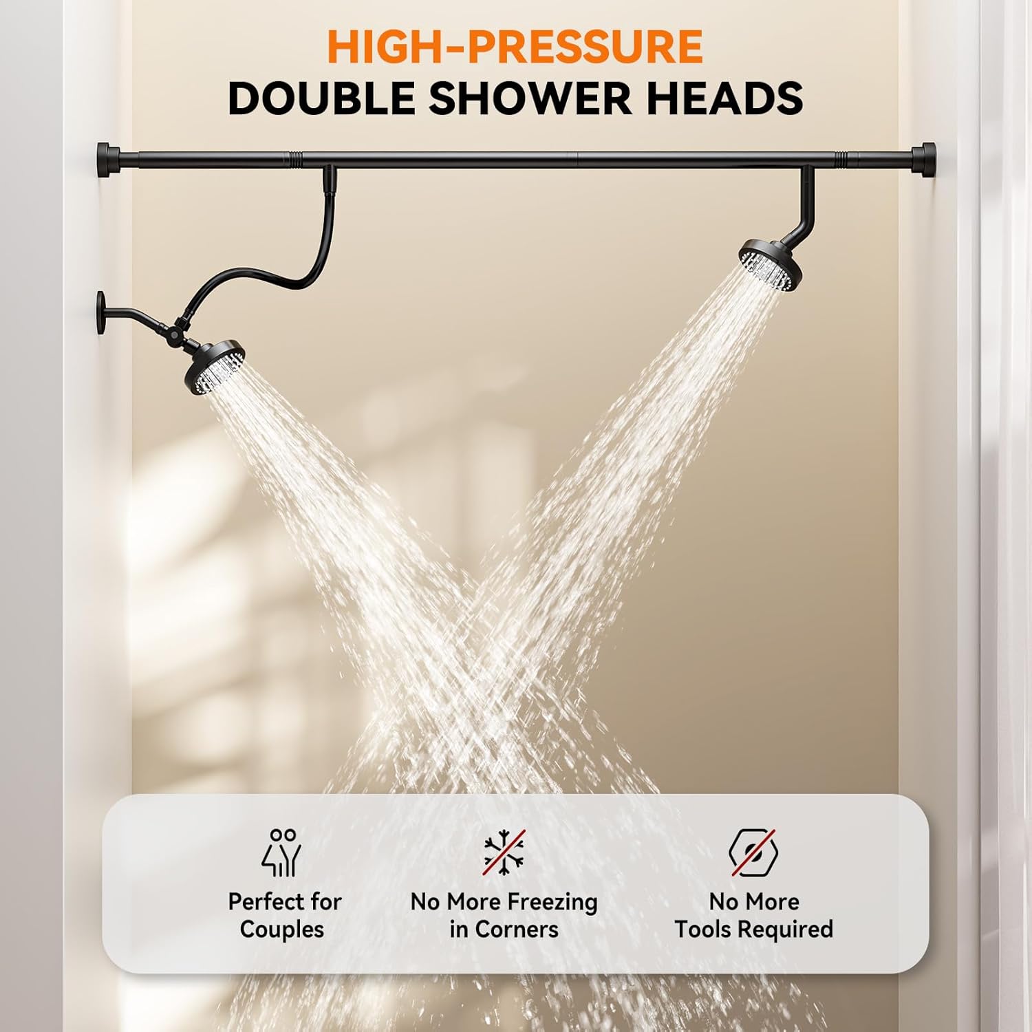 Dual Shower Head System with Rod for 2 People, Easy-Install High-Pressure Bathroom Shower Heads, Birthday Gifts for Men & Women (Black)
