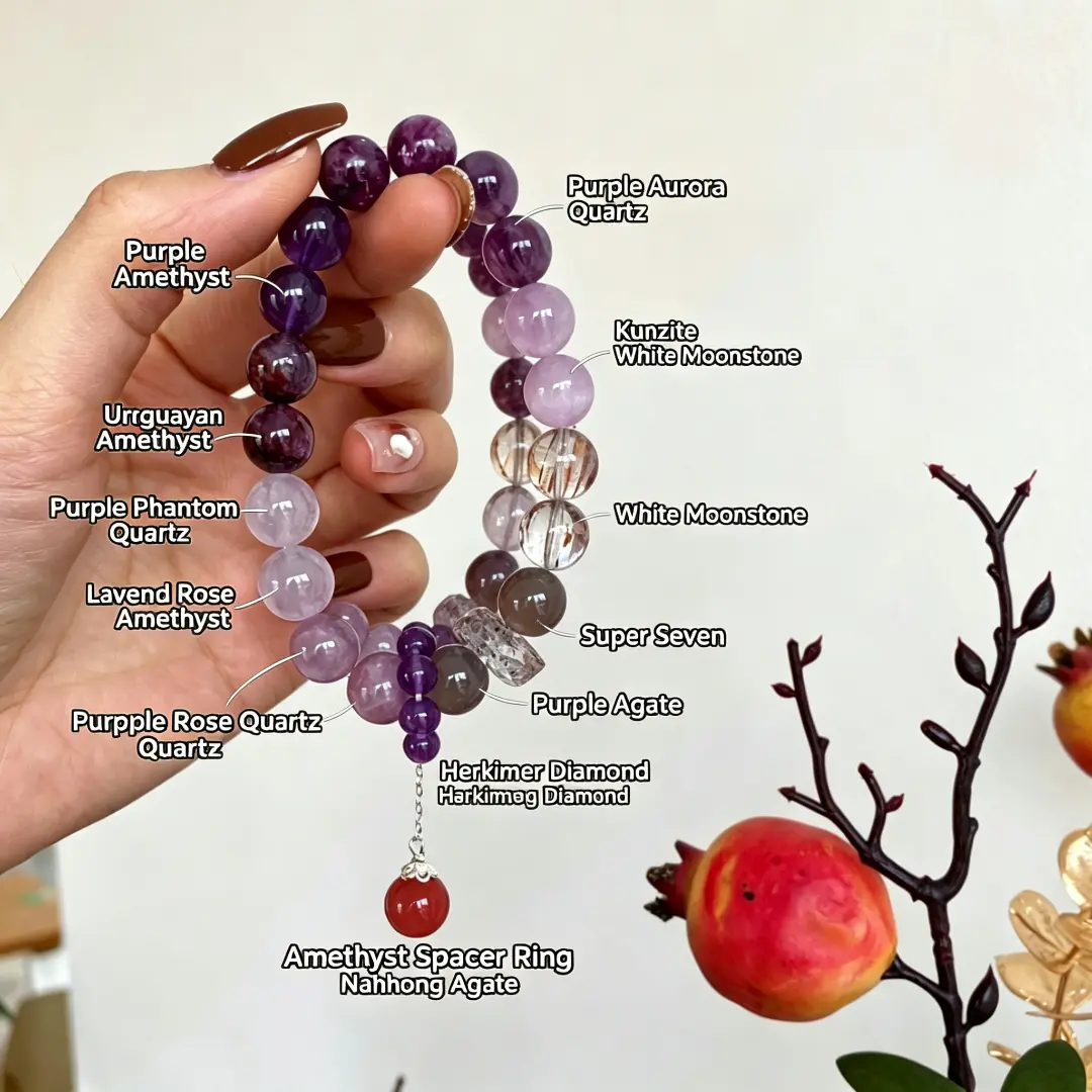 Misty Purple Fortune Mix Multi-Stone Beaded Bracelet - Amethyst, Herkimer Diamond, Agate Series, Unisex Adults' Elegant Gift for Special Occasions, Birthday, Artisan Hand-Matched, Auspicious, Crystals, Gifts, Layered, Gradient, Stretch Cord, Handmade, Cur