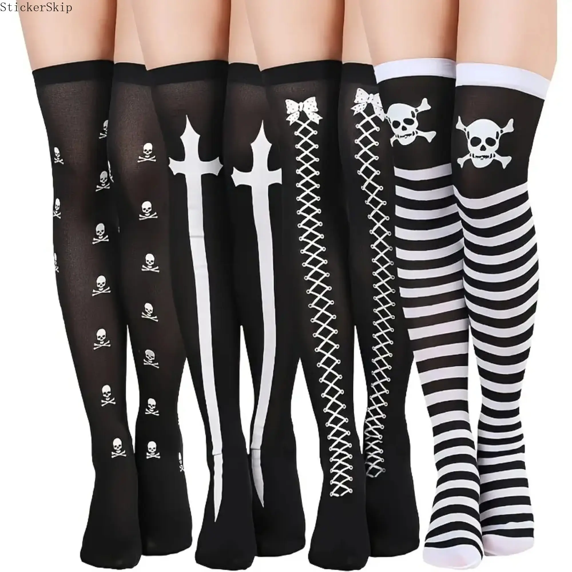 4-Pairs Halloween Skull Pattern Thigh High Stockings, Stretchy Over-the-Knee Cosplay Socks for Party Costume Outfits