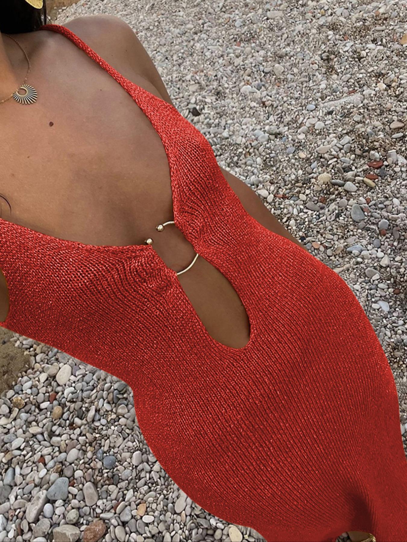 Elegant French Style Deep V Neck Sleeveless Knit Dress, Summer Party Vest Top, Beach Vacation, Fitted Plain Design