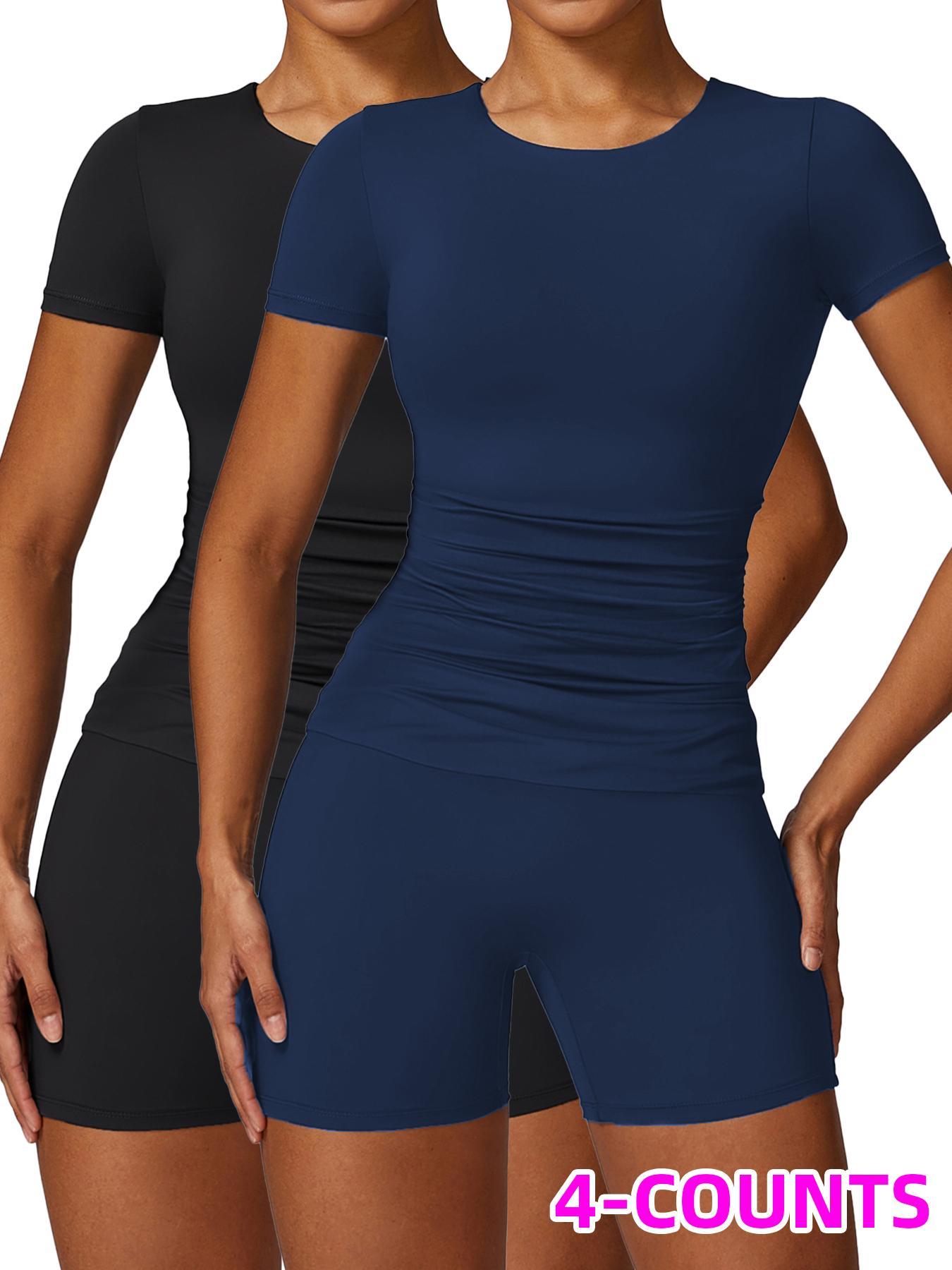 Two-Piece Set Women's Solid Round Neck Tee & High Waist Biker Shorts Athletic Tracksuit Set, Casual Short Sleeve T-shirt & Skinny Shorts, High Stretch Activewear, Ladies Sportswear Yoga Outfit Set for Indoor Outdoor Wear Athletic Workout Set