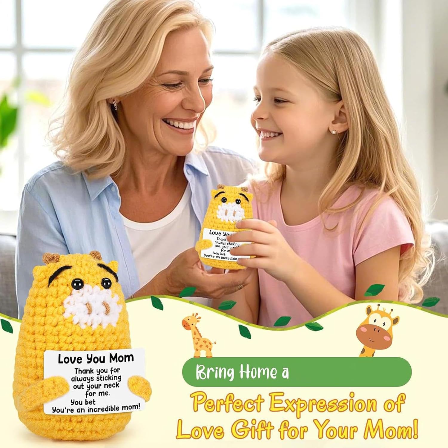 Adorable inspirational crochet giraffe with positive message card! Sweet emotional support animal for kids, adults, coworkers and friends, great for appreciation and encouragement. Soft, charming and meaningful, alovely little gift to lift spirits anytime