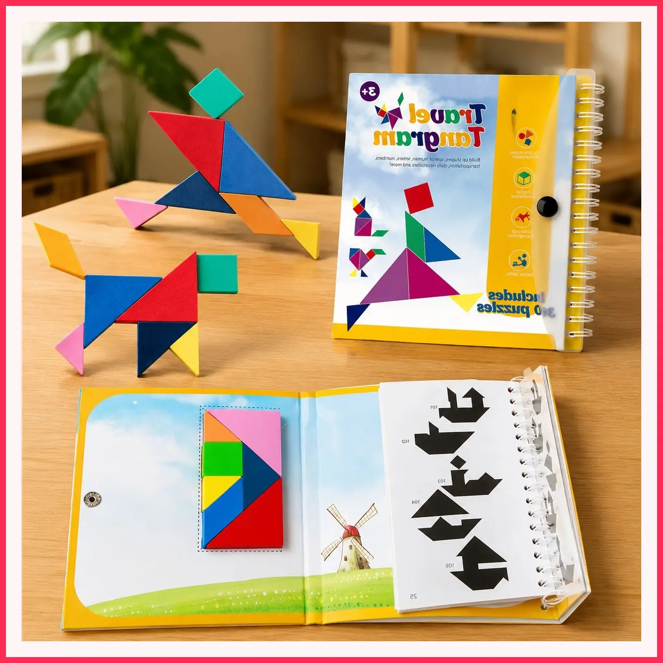 Travel Tangram Puzzle - Magnetic Pattern Block Book Road Trip Game Jigsaw Shapes Dissection STEM Games with Solution for Kid Adult Challenge - IQ Educational Toy Gift Brain Teasers 360 Patterns