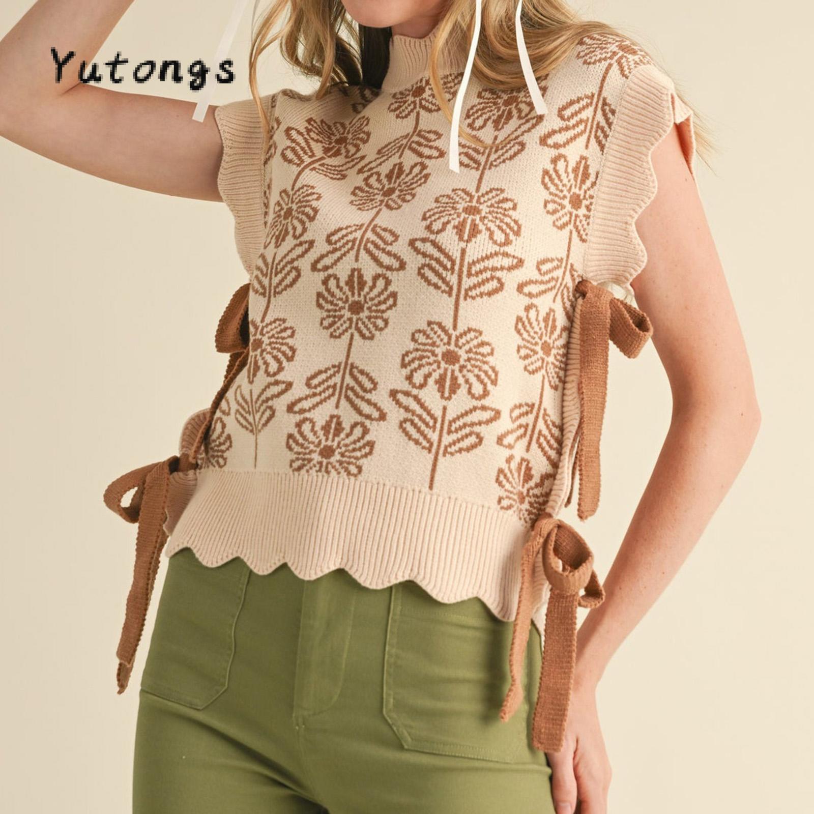Womens Flower Knit Vest Scallop Trim Crew Neck Side Tie Bow Sleeveless Sweater Tops Casual Streetwear