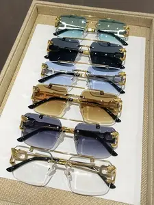 Cool Men's Metal Rimless Sunglasses, Trendy Casual Tinted Lens Frames Sunglasses for Everyday Use, Fashion Eyeglass Accessories for Outdoor Activities, Rimless Shades