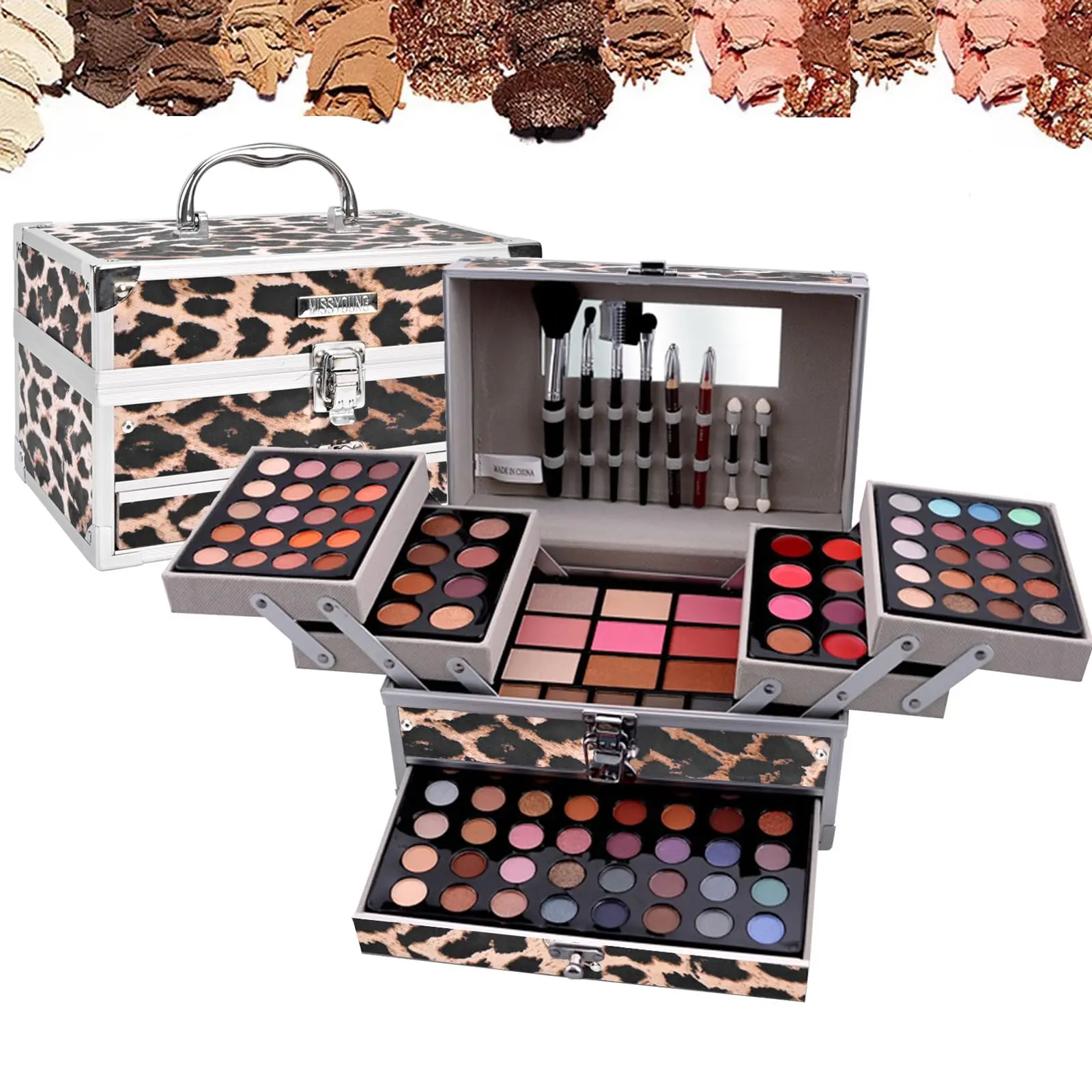 Vintage Western leopard facial makeup palette stores earth matte, colorful shimmer and blush. Lightweight powder makes soft daily makeup and striking stage looks, versatile portable palette for campus, nightclub and outdoor shooting.