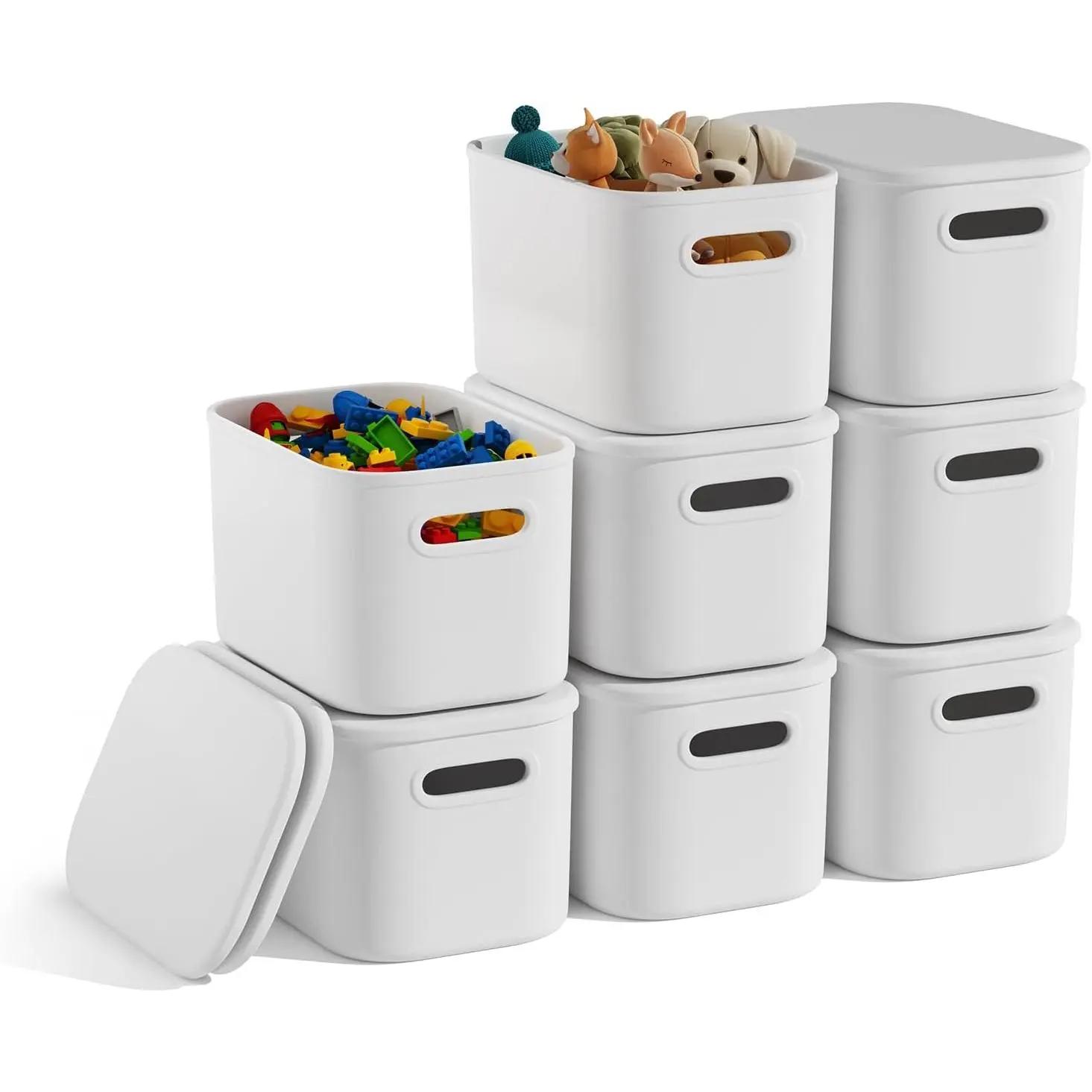 8 Pack White Storage Bins with  for Shelves, White Storage Containers with  for Organizing, Storage Box with Handle, Stackable White Plastic Bin for Classroom, Craft, Snacks