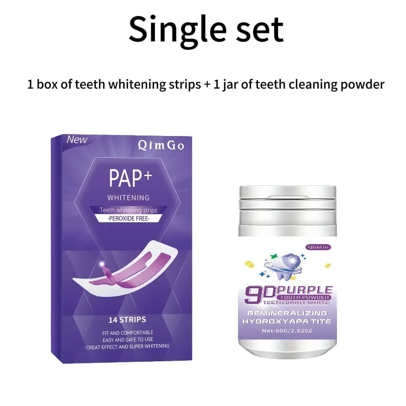 QIMGO Whitening Starter Kit Teeth Brightener — Peroxide-free and enamel-safe for a whiter smile — Includes one box of whitening strips and one jar of whitening tooth powder; fluoride-free, unisex, and dentist-developed.