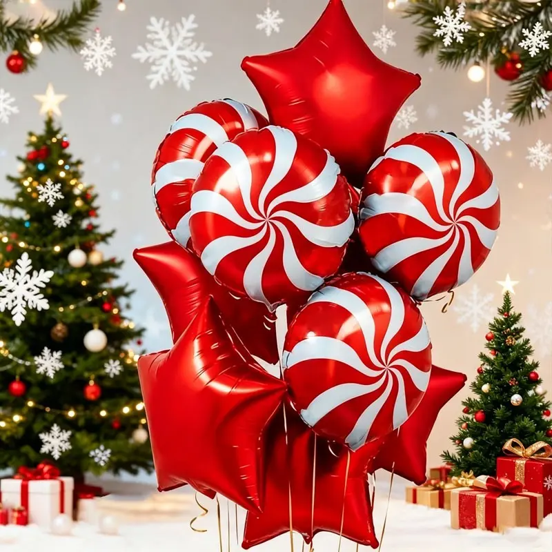 12-Piece Christmas Candy Star Aluminum Foil Balloon Set, Windmill Candy Foil, Star Balloons, Ideal for family Christmas parties，Christmas market decorations，Kindergarten Christmas Event，Christmas-themed store decoration in shopping malls