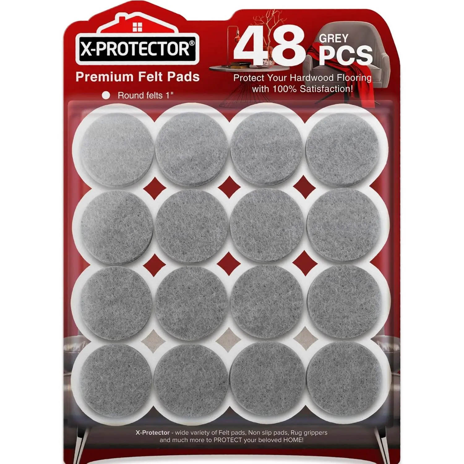 High-Quality Felt Grey Furniture Pads - 48-Piece Round 1" Floor Protectors with Strong Adhesive for Hard Surface Floor Protection, Chair Pads