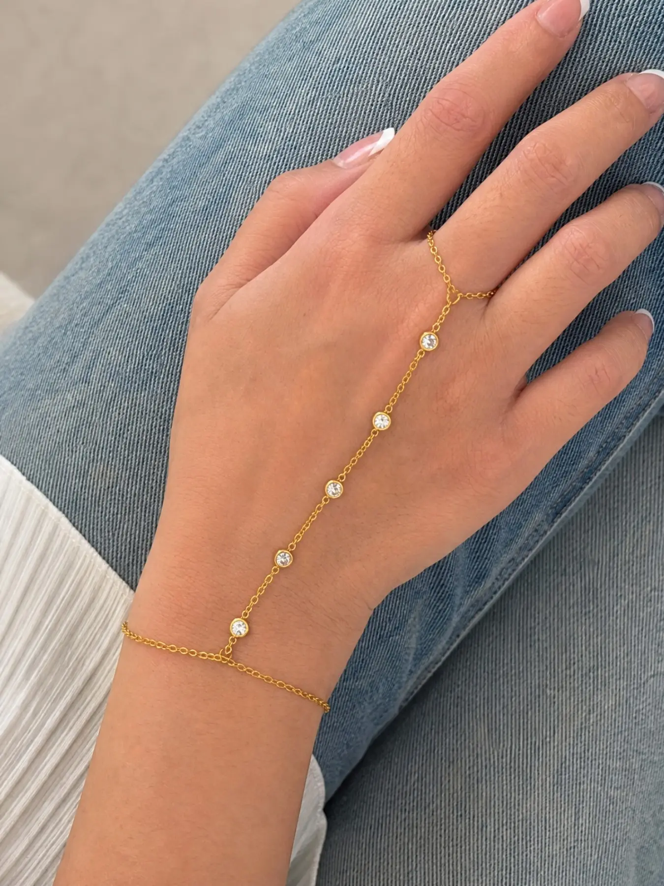 Hand Chain Bracelet for Women, Bubble CZ Finger Ring Bracelet, Gold Plated Chain, Artificial Zircon Bracelet, Waterproof Dainty Hand Jewelry