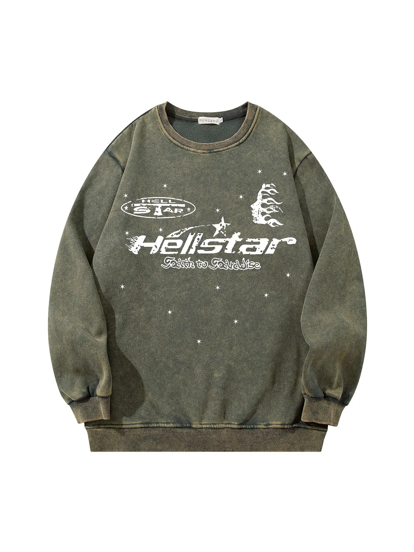 Men's Vintage Dark Feng Shui Washed Tie-Dye Flame Letter Star Print Sweatshirt, Graphic, Fall New Fashion Casual Long Sleeve Top, Round Neck Pullover