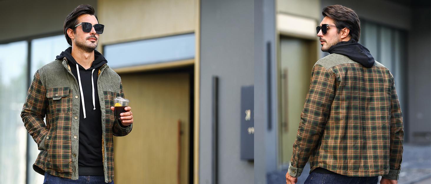 Men's Corduroy Plaid Sherpa Lined Flannel Shirt Jacket Fleece Coat