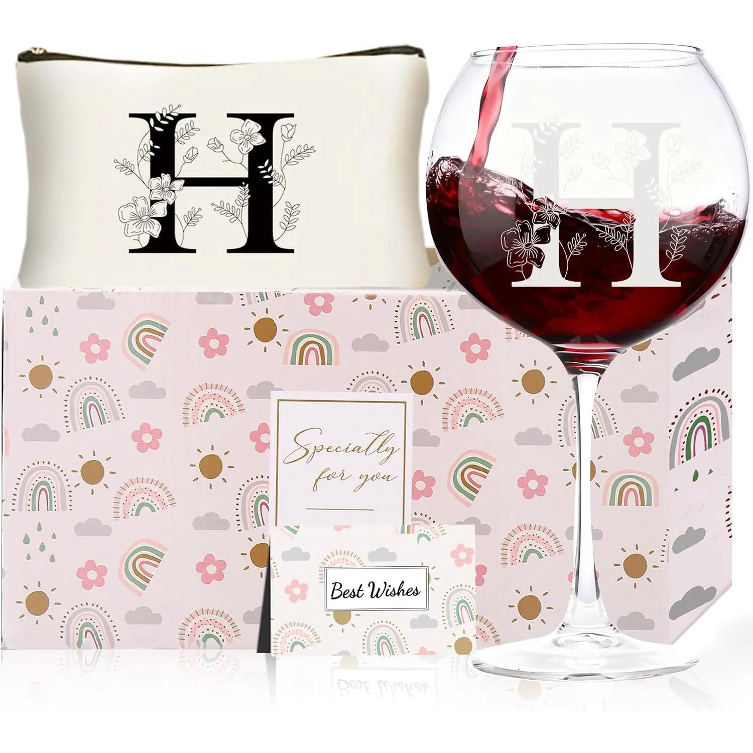 Women's Luxury Monogrammed Initials Wide-Bellied Glasses & Synthetic Makeup Bag Gift Set - Perfect for Birthday, Christmas, Wedding White Elephant Gift Giving, Personalized