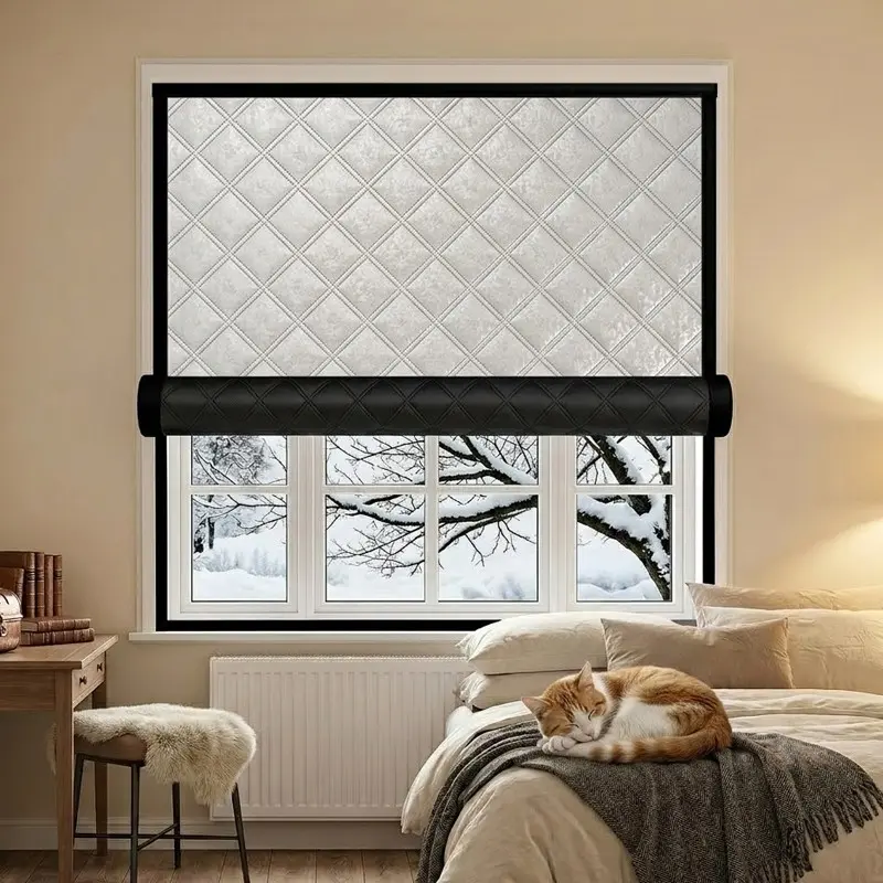 3-Layer Thermal Window Insulation Blanket Reflective Outer Layer + Thick Cotton Filling, Windproof & Heat Retention, Privacy & Noise Reduction For Winter, Living, Hook & Loop Install (No Drill) Curtain