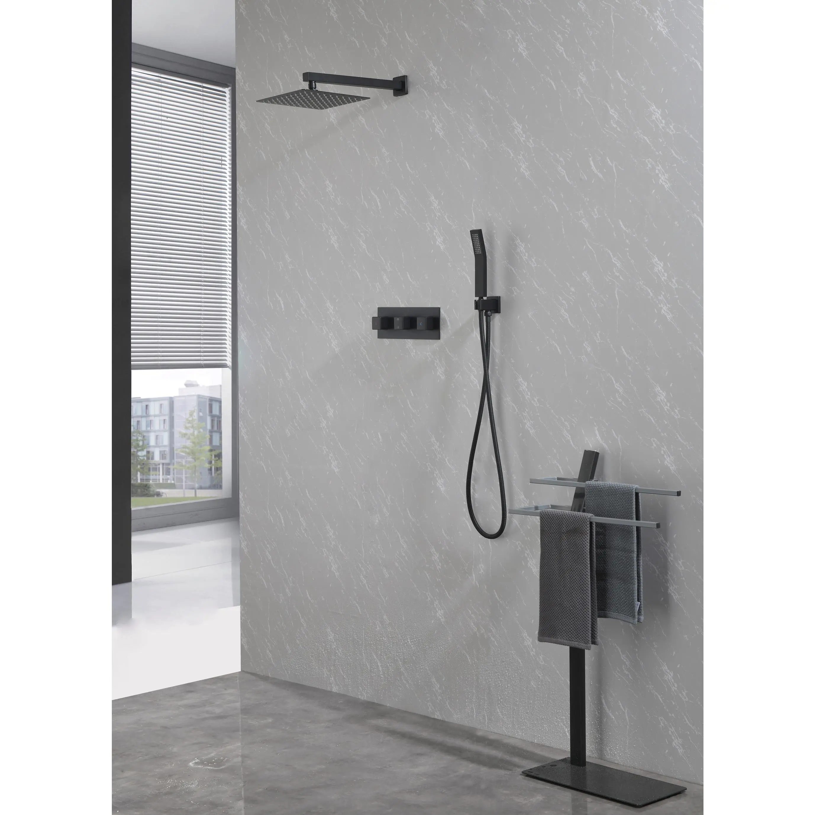 ARCH 10-Inch Square Rainfall Shower System with Handheld Spray, Matt Black Brass Stainless Steel Wall-Mount Indoor Bath Luxury Mixer Combo Set, Pressure-Balanced Valve, 59-Inch Hose, Modern Faucet Kit