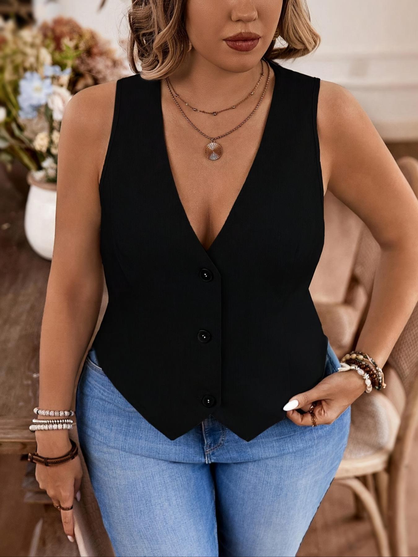 Plus Size Solid Color Vneck Vest, Minimalist Fitted Vest, Casual Basic Fitted Sleeveless Outerwear for Daily Wear, Women's Plus Clothing for All Seasons, Black Button Front Vest, Blazer Vest, Casual Comfy Vest