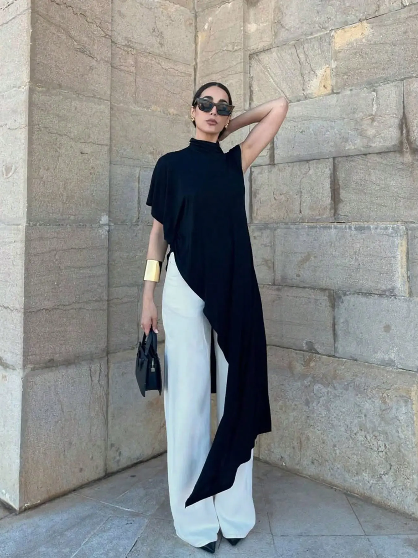 Women's Asymmetric Pleated Top, Solid Color Half Sleeve Loose-Fit Shirt, Casual Retro Style, Elegant Daily & Commute Wear, Ladies T-Shirt