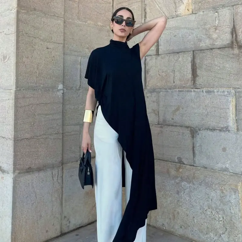 Women's Asymmetric Ruffle Top Blouses, Solid Color Loose-Fit, Casual Retro & Elegant for Daily & Commute Wear