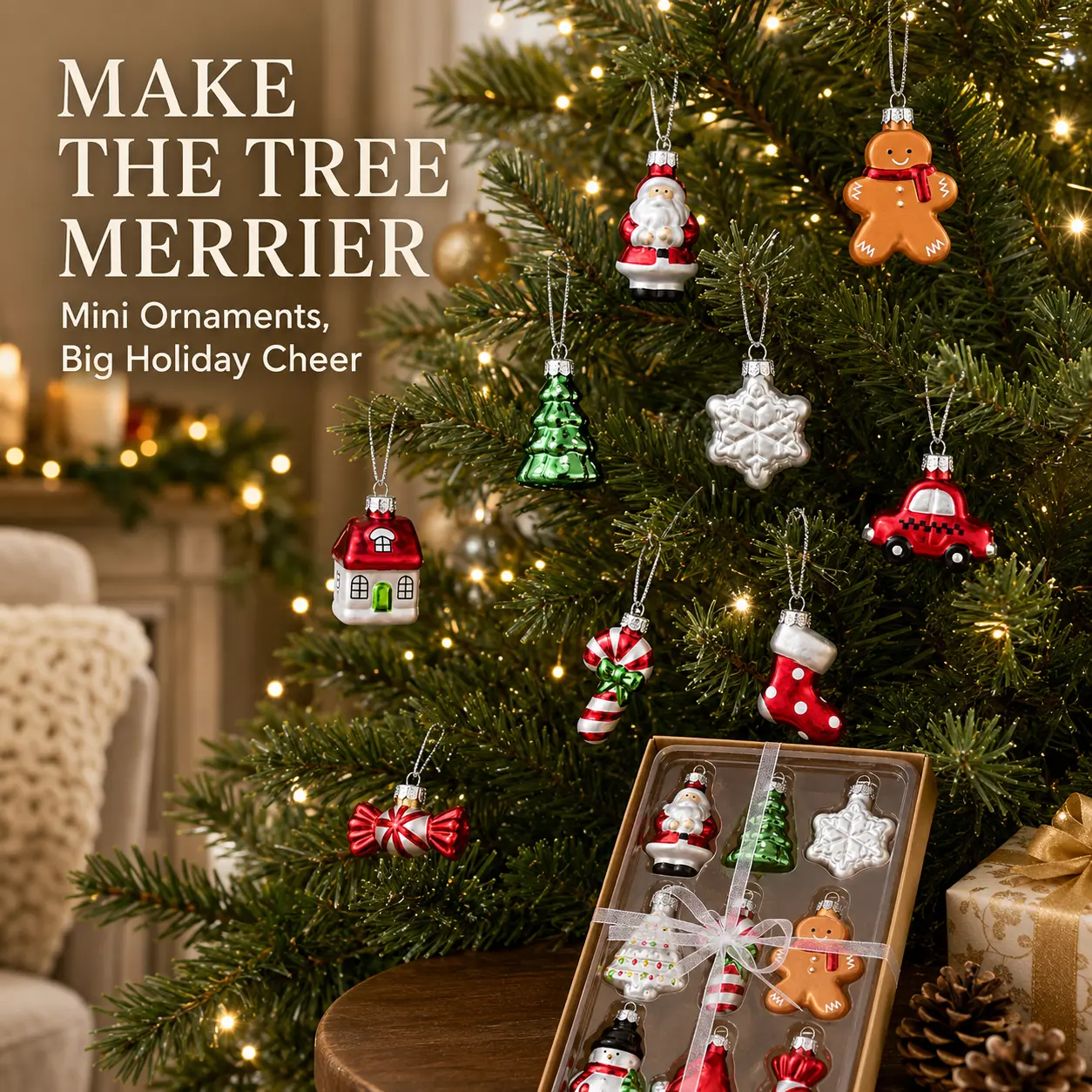 9PCS Mini Christmas Tree Ornaments Set with Gift Box, Assorted Santa Snowman Gingerbread Candy Cane Hanging Decorations, Holiday Gifts & Stocking Stuffers-YY1